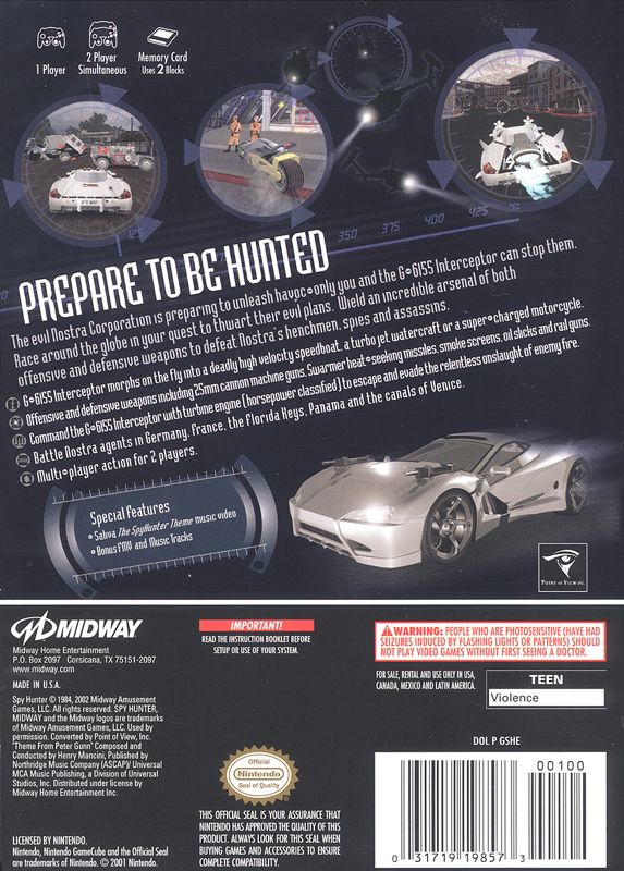 Spy Hunter | GameCube | back cover | region=North America | source-country=Canada,Mexico,Other,United States | zypher-v2 | moby-6cded102e7e0 | Data by MobyGames.com