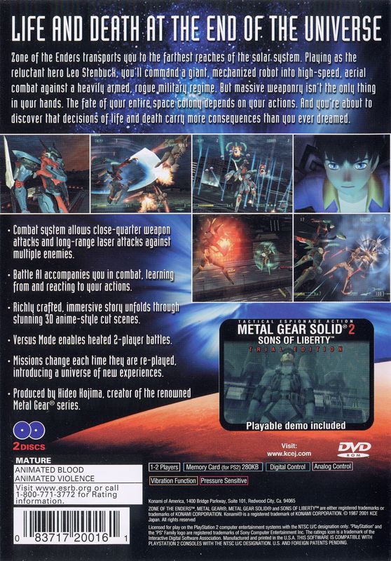 
Zone of the Enders | PlayStation 2 | back cover | Region: North America | source-country=Canada,United States | Data by MobyGames.com