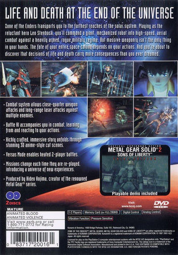 
Zone of the Enders | PlayStation 2 | back cover | Region: North America | source-country=Canada,United States | Data by MobyGames.com