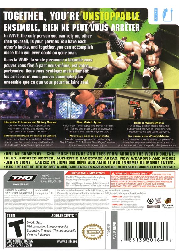 WWE Smackdown vs. Raw 2009 | Wii | back cover | region=North America | source-country=Canada,Mexico,United States | zypher-v2 | moby-55bb30727a7d | Data by MobyGames.com