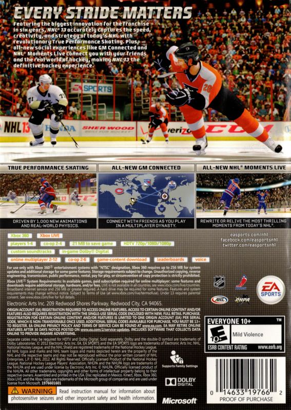 NHL 13 | Xbox 360 | back cover | region=North America | source-country=United States | zypher-v2 | moby-832a6ba6a112 | Data by MobyGames.com
