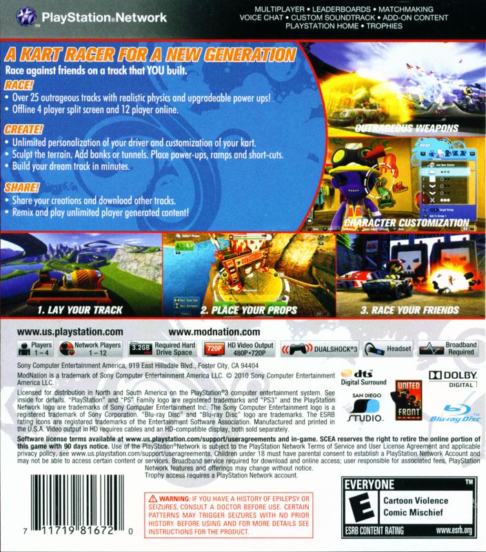 ModNation Racers | PlayStation 3 | back cover | region=North America | source-country=Canada,Mexico,United States | zypher-v2 | moby-e238f32458c0 | Data by MobyGames.com