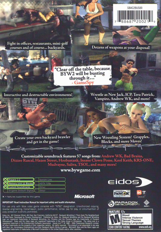 
Backyard Wrestling 2: There Goes the Neighborhood | Xbox | back cover | Data by MobyGames.com