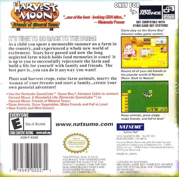 Harvest Moon: Friends of Mineral Town | Game Boy Advance | back cover | region=North America | source-country=United States | zypher-v2 | moby-abcf405ec196 | Data by MobyGames.com
