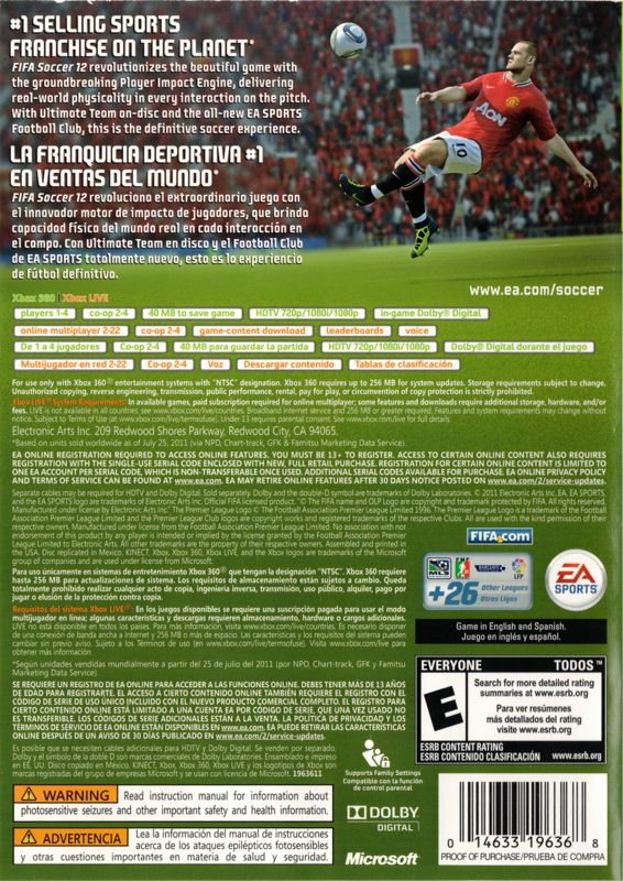 FIFA Soccer 12 | Xbox 360 | back cover | region=North America | source-country=Mexico,United States | zypher-v2 | moby-12cdc82c64fd | Data by MobyGames.com