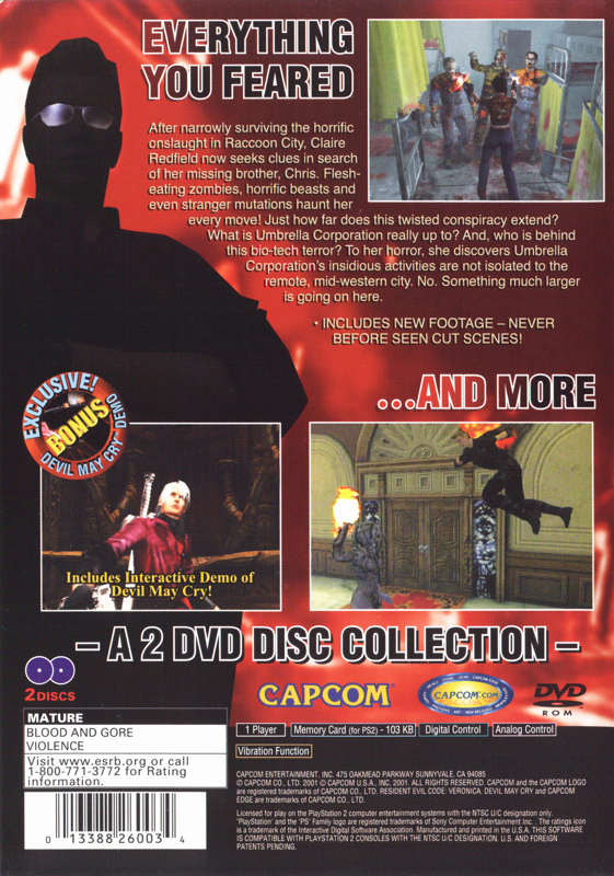 Resident Evil: Code: Veronica X | PlayStation 2 | back cover | region=North America | source-country=Canada,United States | zypher-v2 | moby-ae9274b71f8b | Data by MobyGames.com
