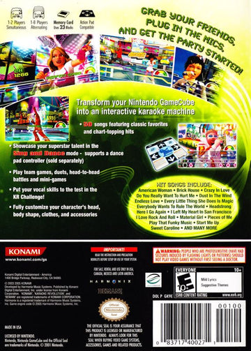 Karaoke Revolution: Party | GameCube | back cover | region=North America | source-country=Argentina,Brazil,Canada,Chile,Colombia,Mexico,United States,Uruguay | zypher-v2 | moby-449c94bf1626 | Data by MobyGames.com