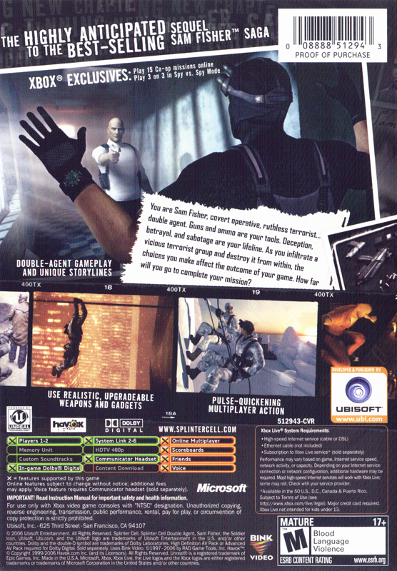
Tom Clancy's Splinter Cell: Double Agent | Xbox | back cover | Data by MobyGames.com