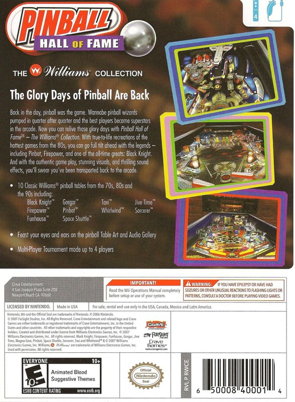 Pinball Hall of Fame: The Williams Collection | Wii | back cover | region=North America | source-country=Canada,Mexico,Other,United States | zypher-v2 | moby-dbdebc7f286c | Data by MobyGames.com
