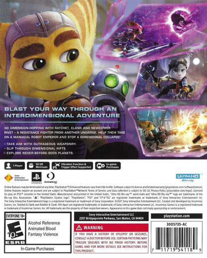 Ratchet & Clank: Rift Apart | PlayStation 5 | back cover | region=North America | source-country=United States | zypher-v2 | moby-a1db826fec7a | Data by MobyGames.com