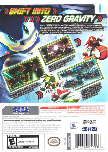 Sonic Riders: Zero Gravity | Wii | back cover | region=North America | source-country=Canada,Mexico,Other,United States | zypher-v2 | moby-dda65c7c7a2d | Data by MobyGames.com