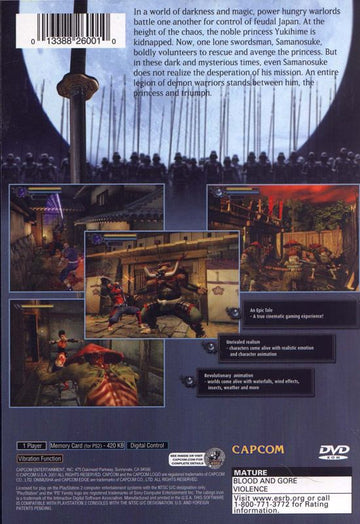 Onimusha: Warlords | PlayStation 2 | back cover | region=North America | source-country=United States | zypher-v2 | moby-d863c64821b0 | Data by MobyGames.com