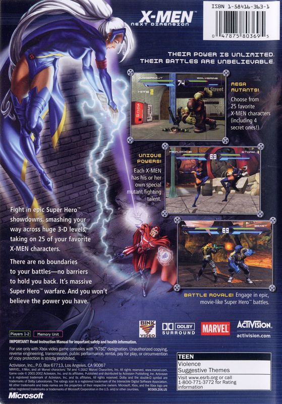 
X-Men: Next Dimension | Xbox | back cover | Region: North America | source-country=Canada,United States | Data by MobyGames.com