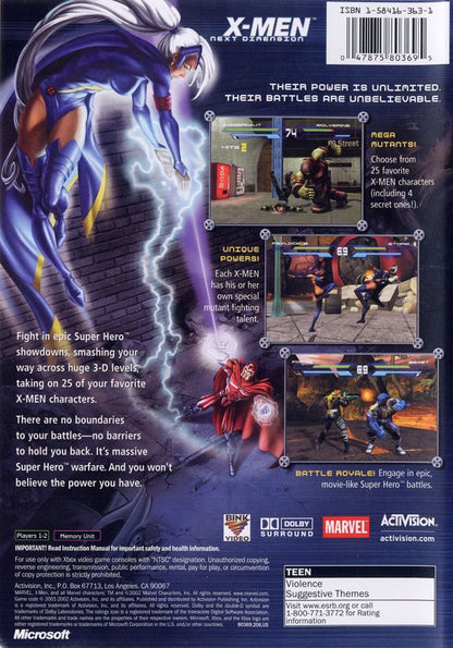 
X-Men: Next Dimension | Xbox | back cover | Region: North America | source-country=Canada,United States | Data by MobyGames.com