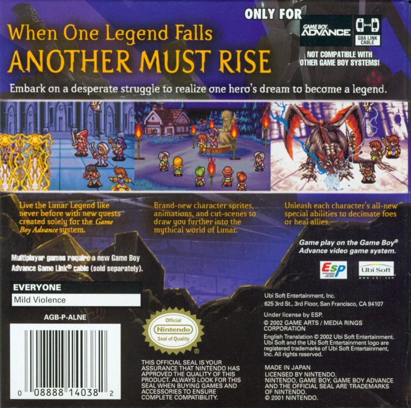 Lunar: Legend | Game Boy Advance | back cover | region=North America | source-country=Canada,United States | zypher-v2 | moby-d0455f80dcdb | Data by MobyGames.com