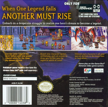 Lunar: Legend | Game Boy Advance | back cover | region=North America | source-country=Canada,United States | zypher-v2 | moby-d0455f80dcdb | Data by MobyGames.com
