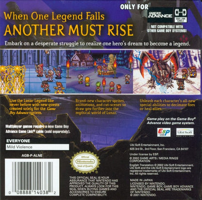 Lunar: Legend | Game Boy Advance | back cover | region=North America | source-country=Canada,United States | zypher-v2 | moby-d0455f80dcdb | Data by MobyGames.com