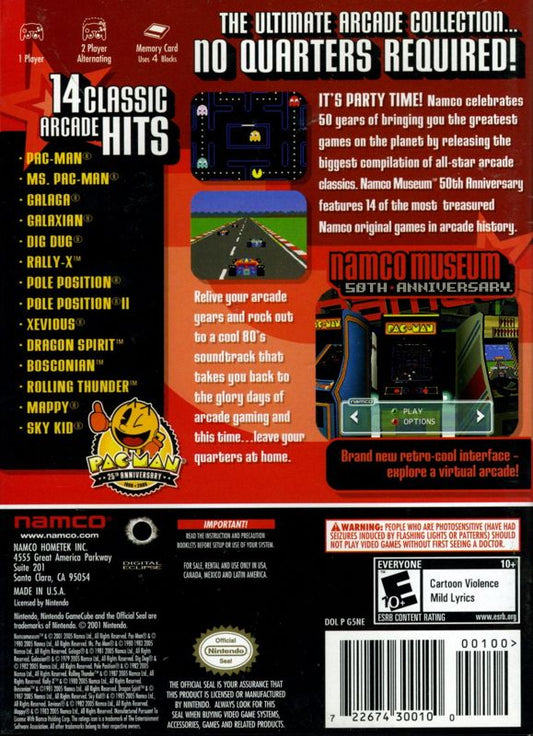 Namco Museum: 50th Anniversary | GameCube | back cover | region=North America | source-country=United States | zypher-v2 | moby-bd776585f561 | Data by MobyGames.com