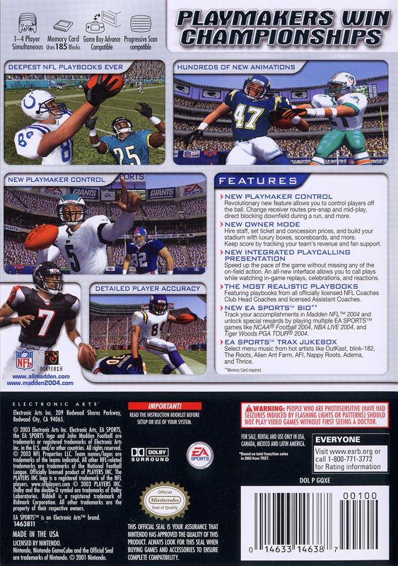 
Madden NFL 2004 | GameCube | back cover | Data by MobyGames.com