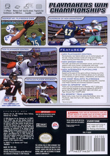 
Madden NFL 2004 | GameCube | back cover | Data by MobyGames.com