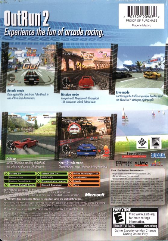 OutRun 2 | Xbox | back cover | region=North America | source-country=United States | zypher-v2 | moby-61db165f7a21 | Data by MobyGames.com