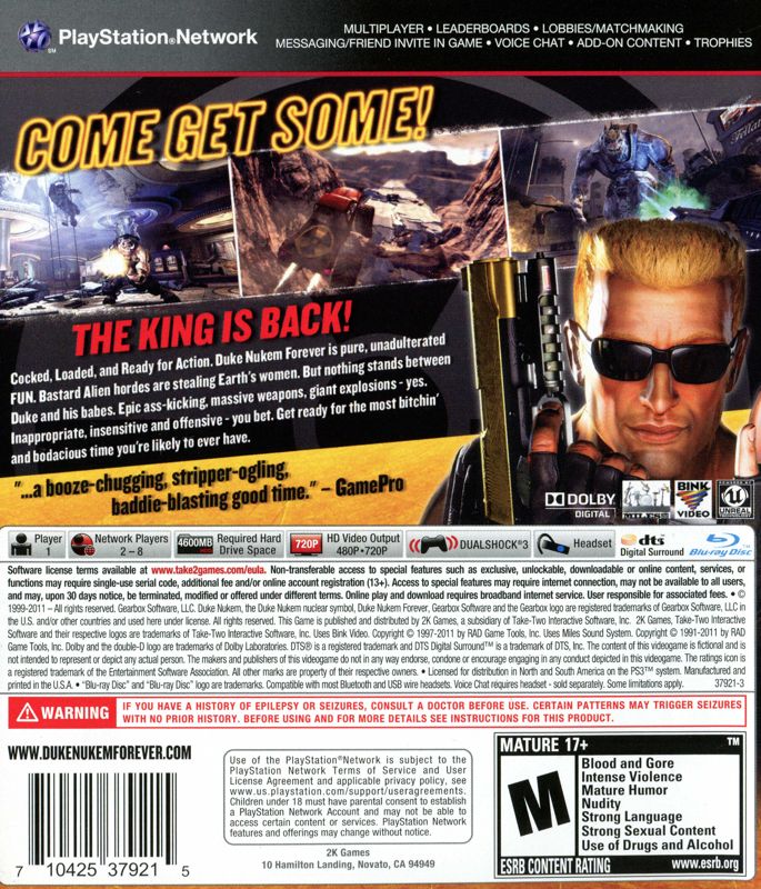 
Duke Nukem Forever | PlayStation 3 | back cover | Data by MobyGames.com