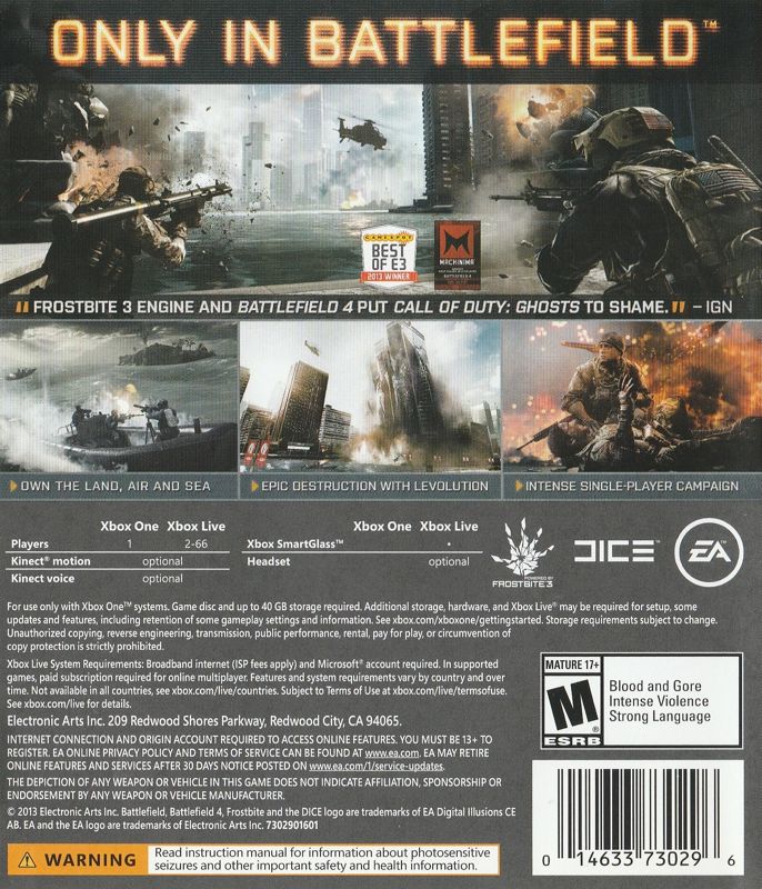 
Battlefield 4 | Xbox One | back cover | Region: North America | source-country=United States | Data by MobyGames.com