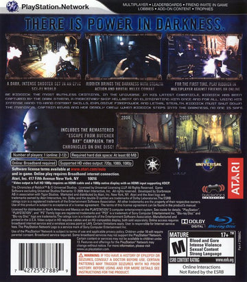 
The Chronicles of Riddick: Assault on Dark Athena | PlayStation 3 | back cover | Region: North America | source-country=Canada,Mexico,United States | Data by MobyGames.com