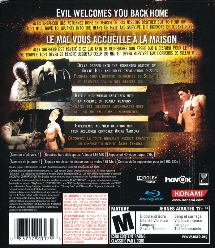 Silent Hill: Homecoming | PlayStation 3 | back cover | region=North America | source-country=Canada,United States | zypher-v2 | moby-bd7f3c80cba3 | Data by MobyGames.com