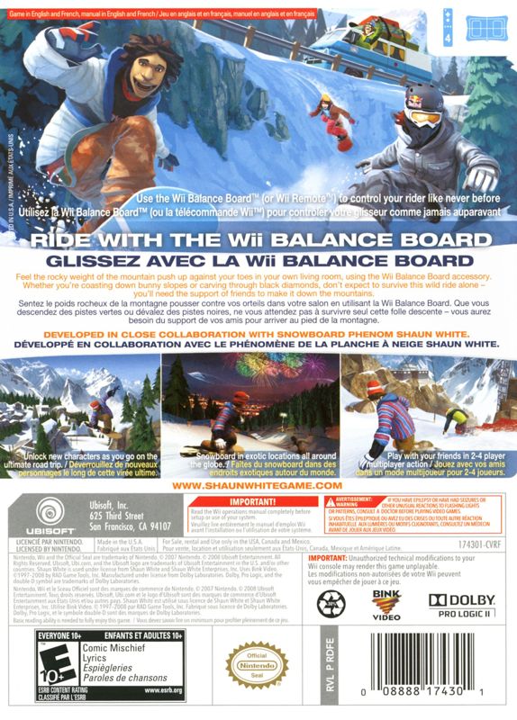 Shaun White Snowboarding: Road Trip | Wii | back cover | region=North America | source-country=Canada,Mexico,United States | zypher-v2 | moby-a15c77f28fcc | Data by MobyGames.com