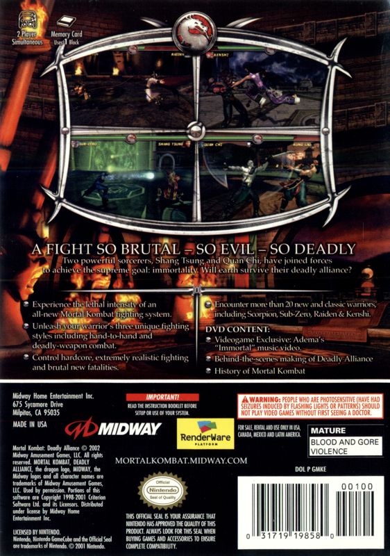 Mortal Kombat: Deadly Alliance | GameCube | back cover | region=North America | source-country=Canada,Mexico,Other,United States | zypher-v2 | moby-f474984f7957 | Data by MobyGames.com