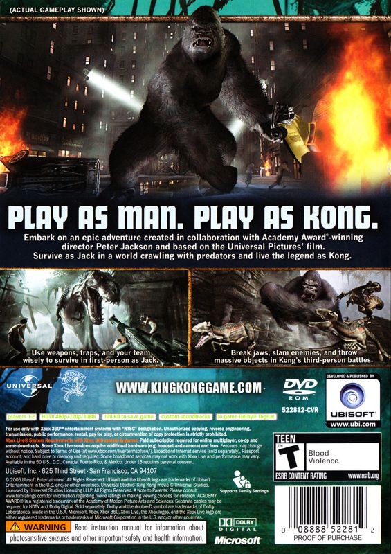 Peter Jackson's King Kong: The Official Game of the Movie | Xbox 360 | back cover | region=North America | source-country=Canada,United States | zypher-v2 | moby-cbcb08532f13 | Data by MobyGames.com