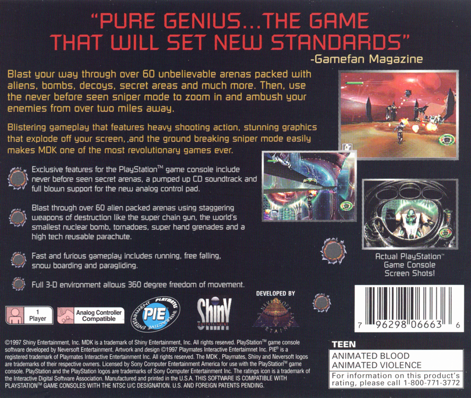 MDK | PlayStation | back cover | Region: North America | source-country=Canada,Mexico,United States | Data by MobyGames.com