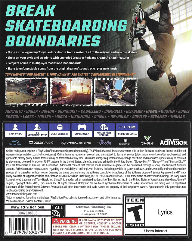 Tony Hawk's Pro Skater 1 + 2 | PlayStation 4 | back cover | Region: North America | source-country=Canada,United States | Data by MobyGames.com