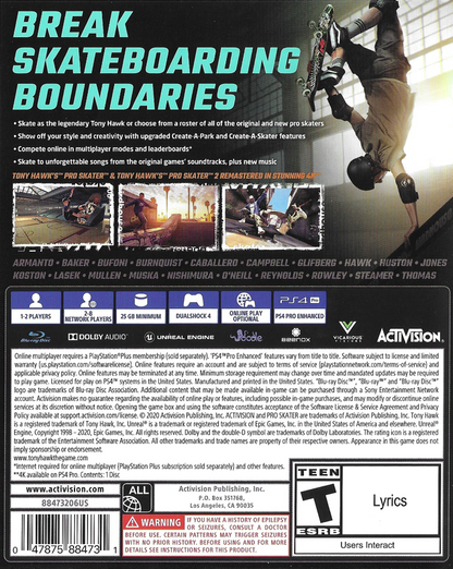 
Tony Hawk's Pro Skater 1 + 2 | PlayStation 4 | back cover | Region: North America | source-country=Canada,United States | Data by MobyGames.com