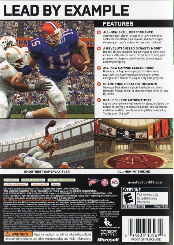 NCAA Football 08 | Xbox 360 | back cover | region=North America | source-country=United States | zypher-v2 | moby-d1b31866bcf1 | Data by MobyGames.com