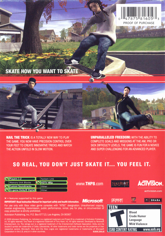 Tony Hawk's Project 8 | Xbox | back cover | region=North America | source-country=United States | zypher-v2 | moby-33b617f0c9ec | Data by MobyGames.com