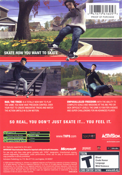 Tony Hawk's Project 8 | Xbox | back cover | region=North America | source-country=United States | zypher-v2 | moby-33b617f0c9ec | Data by MobyGames.com