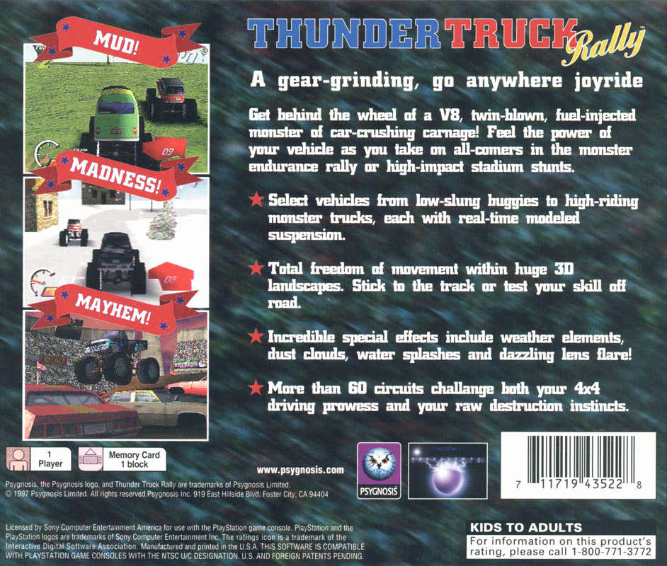 
Thunder Truck Rally | PlayStation | back cover | Data by MobyGames.com