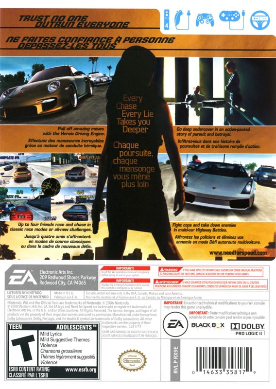 Need for Speed: Undercover | Wii | back cover | region=North America | source-country=Canada | zypher-v2 | moby-be6a85dba219 | Data by MobyGames.com