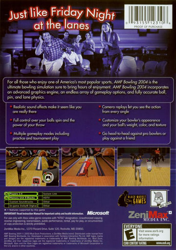AMF Bowling 2004 | Xbox | back cover | region=North America | source-country=Canada,United States | zypher-v2 | moby-f59491ad8e4f | Data by MobyGames.com