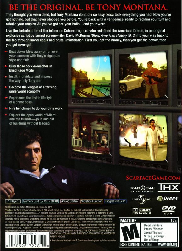 Scarface: The World Is Yours | PlayStation 2 | back cover | Region: North America | source-country=United States | Data by MobyGames.com