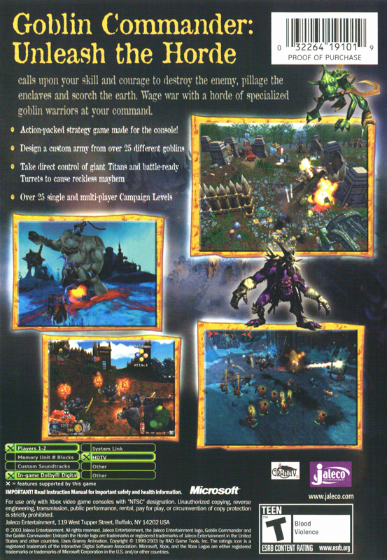 Goblin Commander: Unleash the Horde | Xbox | back cover | Data by MobyGames.com