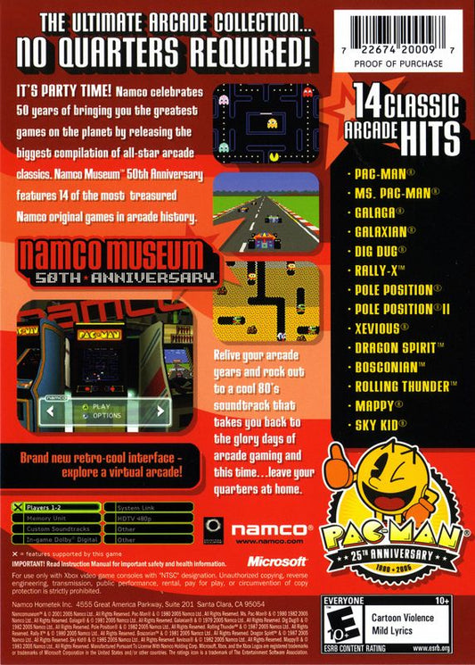 Namco Museum: 50th Anniversary | Xbox | back cover | region=North America | source-country=Canada,United States | zypher-v2 | moby-25f1c6ec8e0c | Data by MobyGames.com