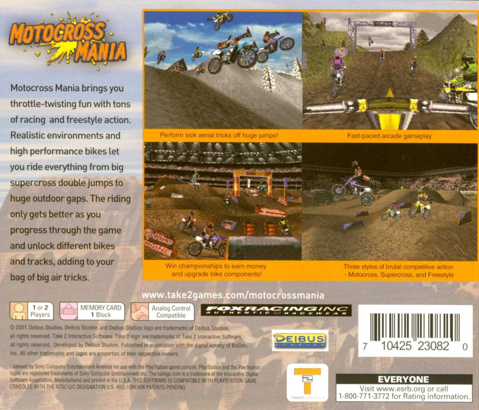 
Motocross Mania | PlayStation | back cover | Region: North America | source-country=Canada,United States | Data by MobyGames.com