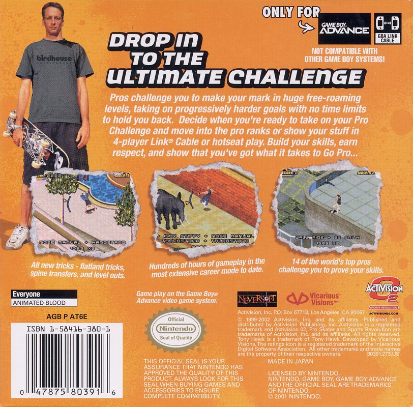 Tony Hawk's Pro Skater 4 | Game Boy Advance | back cover | region=North America | source-country=United States | zypher-v2 | moby-22fb0b4fc7d4 | Data by MobyGames.com