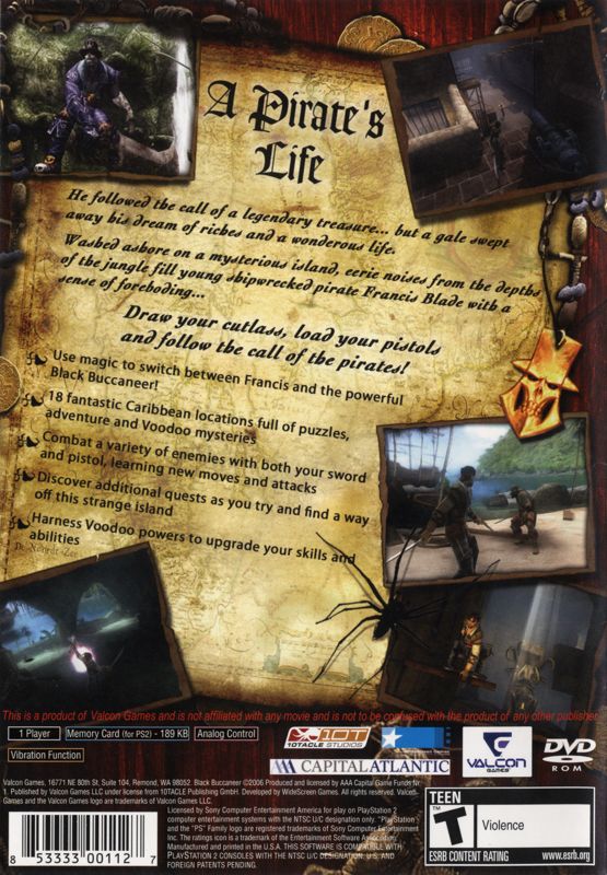 Pirates: Legend of the Black Buccaneer | PlayStation 2 | back cover | Region: North America | source-country=United States | Data by MobyGames.com