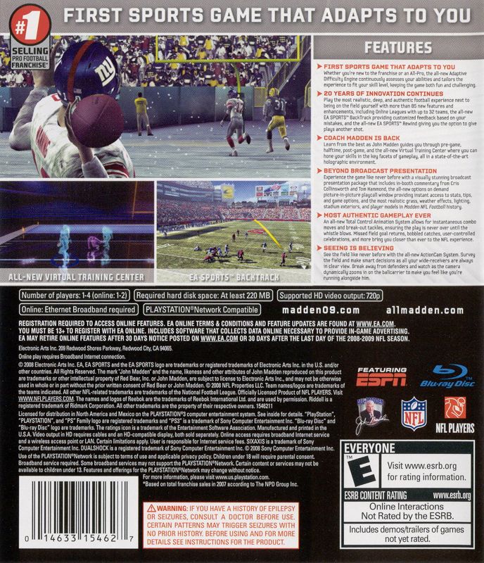 
Madden NFL 09 | PlayStation 3 | back cover | Data by MobyGames.com