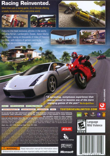 Test Drive Unlimited | Xbox 360 | back cover | region=North America | source-country=United States | zypher-v2 | moby-239b762bdbe2 | Data by MobyGames.com