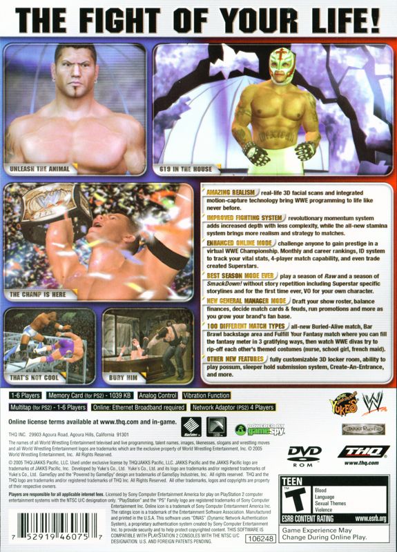 WWE Smackdown vs. Raw 2006 | PlayStation 2 | back cover | region=North America | source-country=United States | zypher-v2 | moby-e36faec1d192 | Data by MobyGames.com